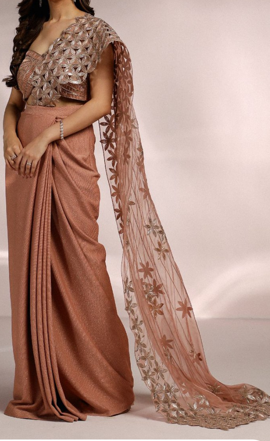 Designer Indowestern Satin Saree Blouse In Golden Brown