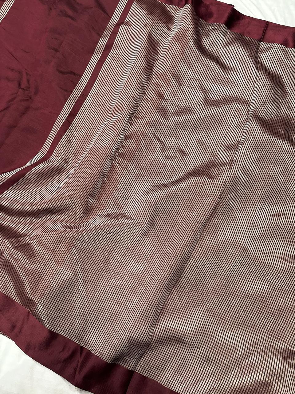 Pure Tissue Stripe Silk Saree In Maroon-Mauve With Satin Silk Border.