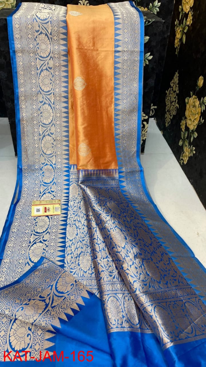 Silk Trade Certified Pure Handloom Katan Silk Saree In Pastel Orange-Blue Combination