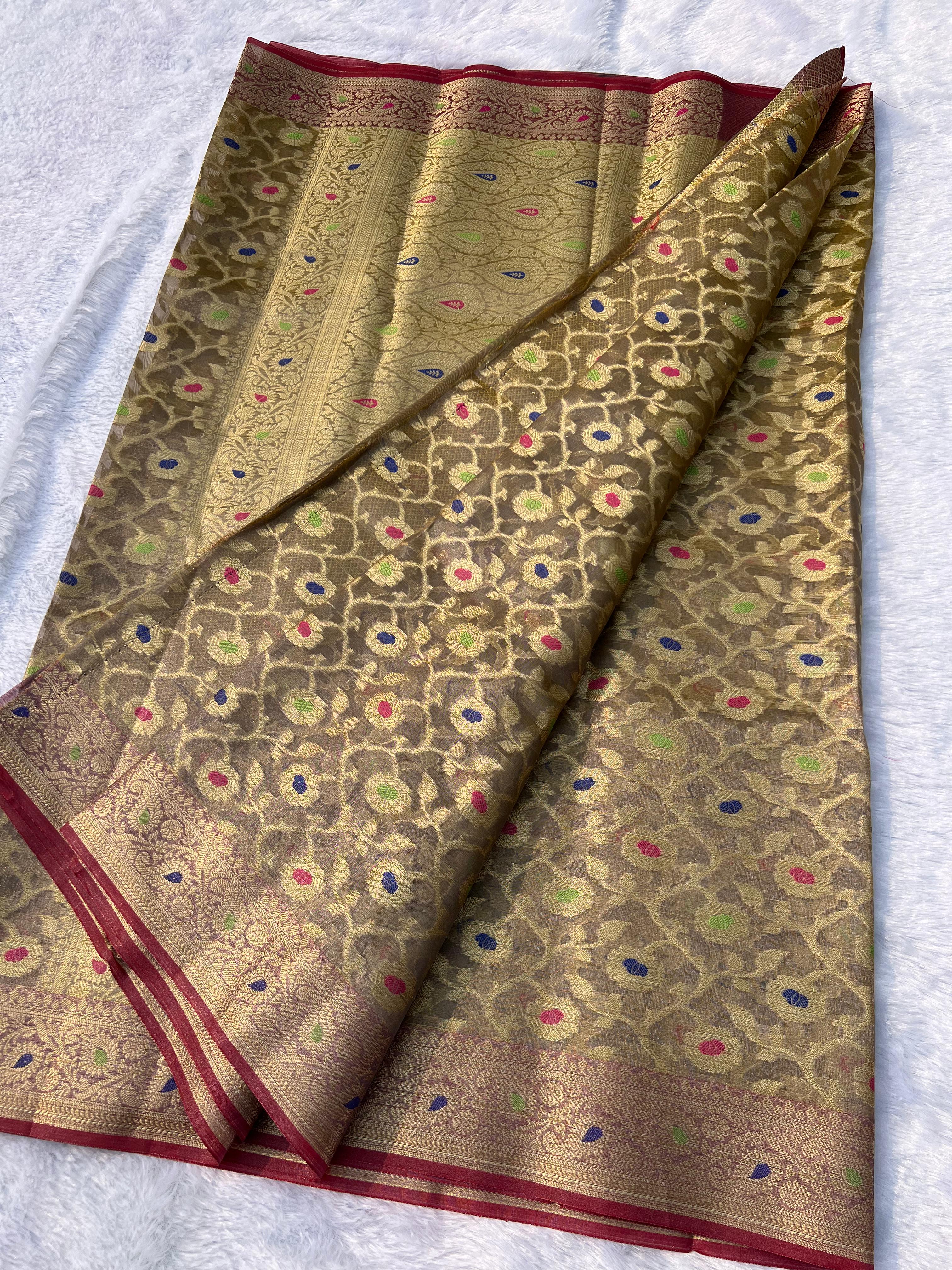 Banarasi Tissue Patola Saree In Beige-Maroon With Meenakari Work