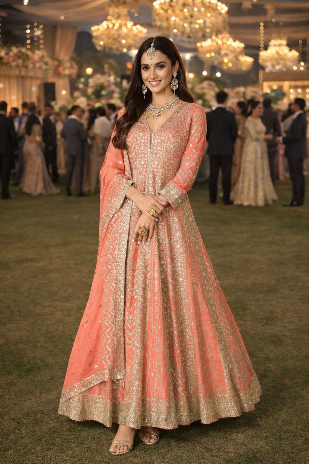 Pure Chinon Silk Gown Dress With Thread & Sequins Embroidered Work In Peach