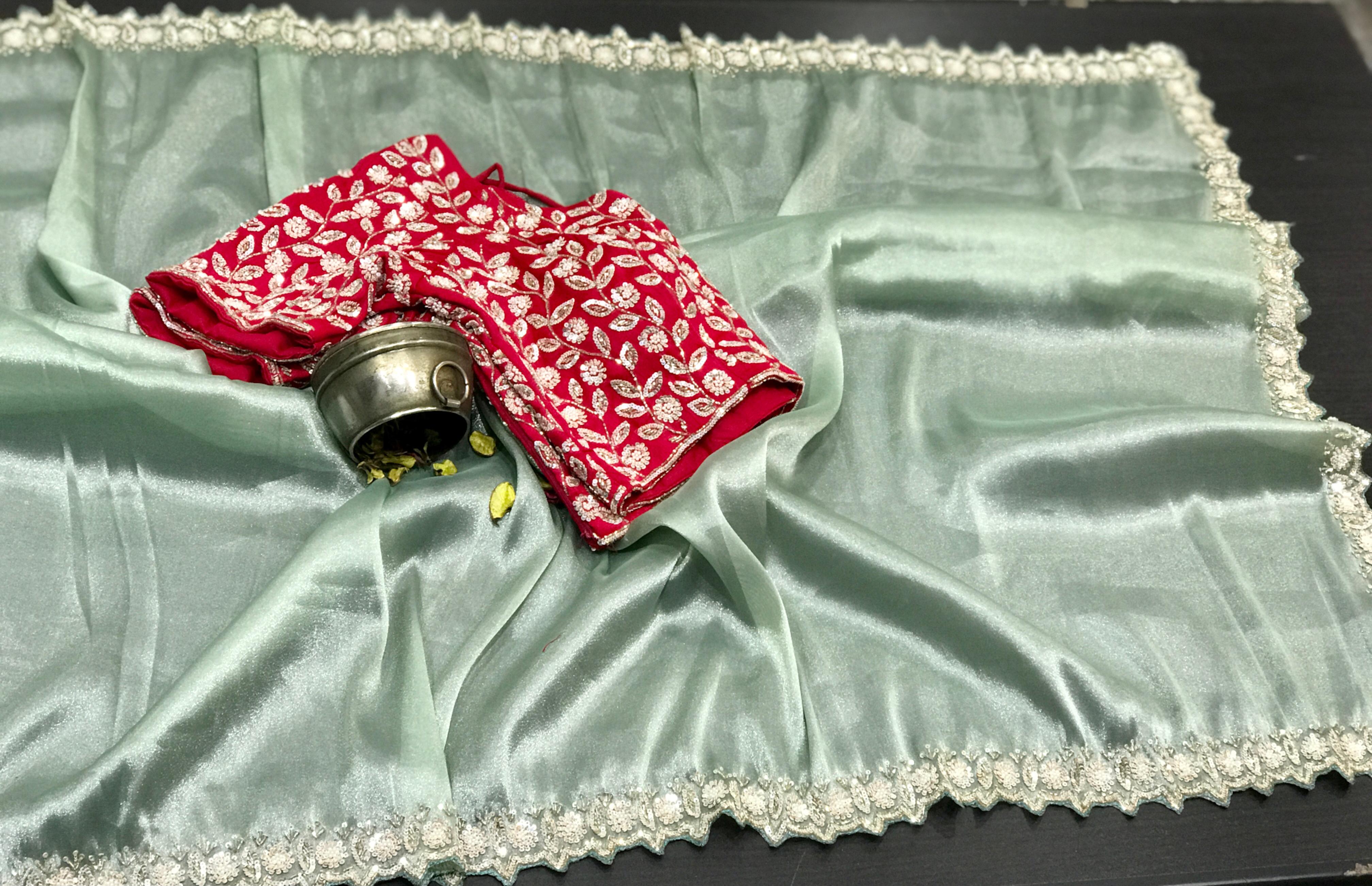 Designer Super Soft Tissue Organza Saree In Sea Blue -Red Combination with Intricate Handwork