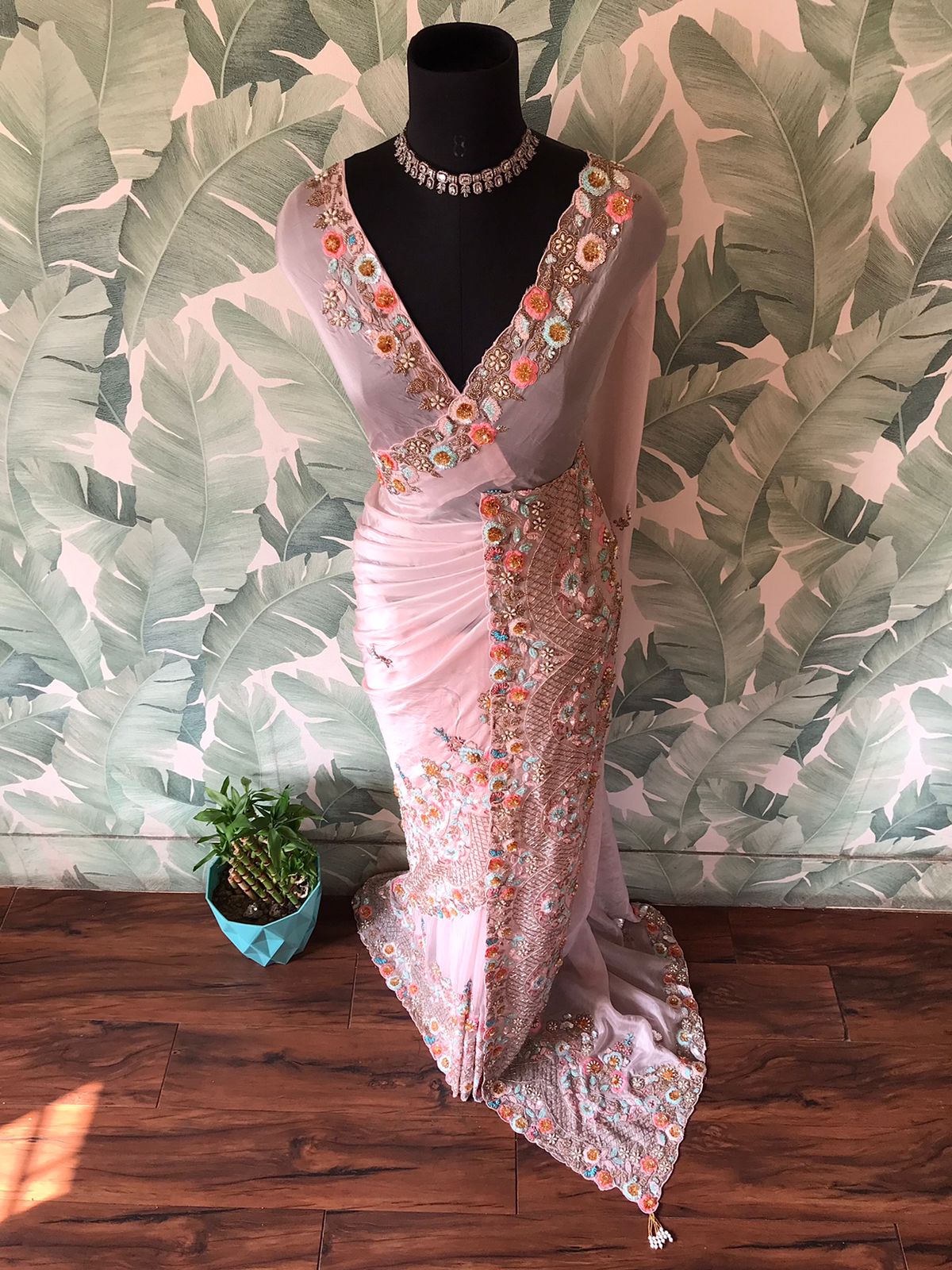 Silk Jacquard IndoWestern Saree In Blue With Jacket