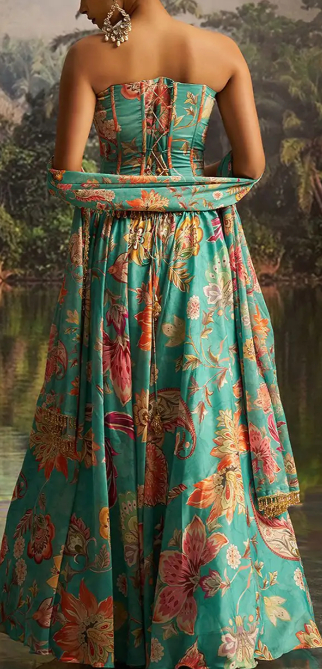 Silk Jacquard Indo Western Skirt With Corset Top