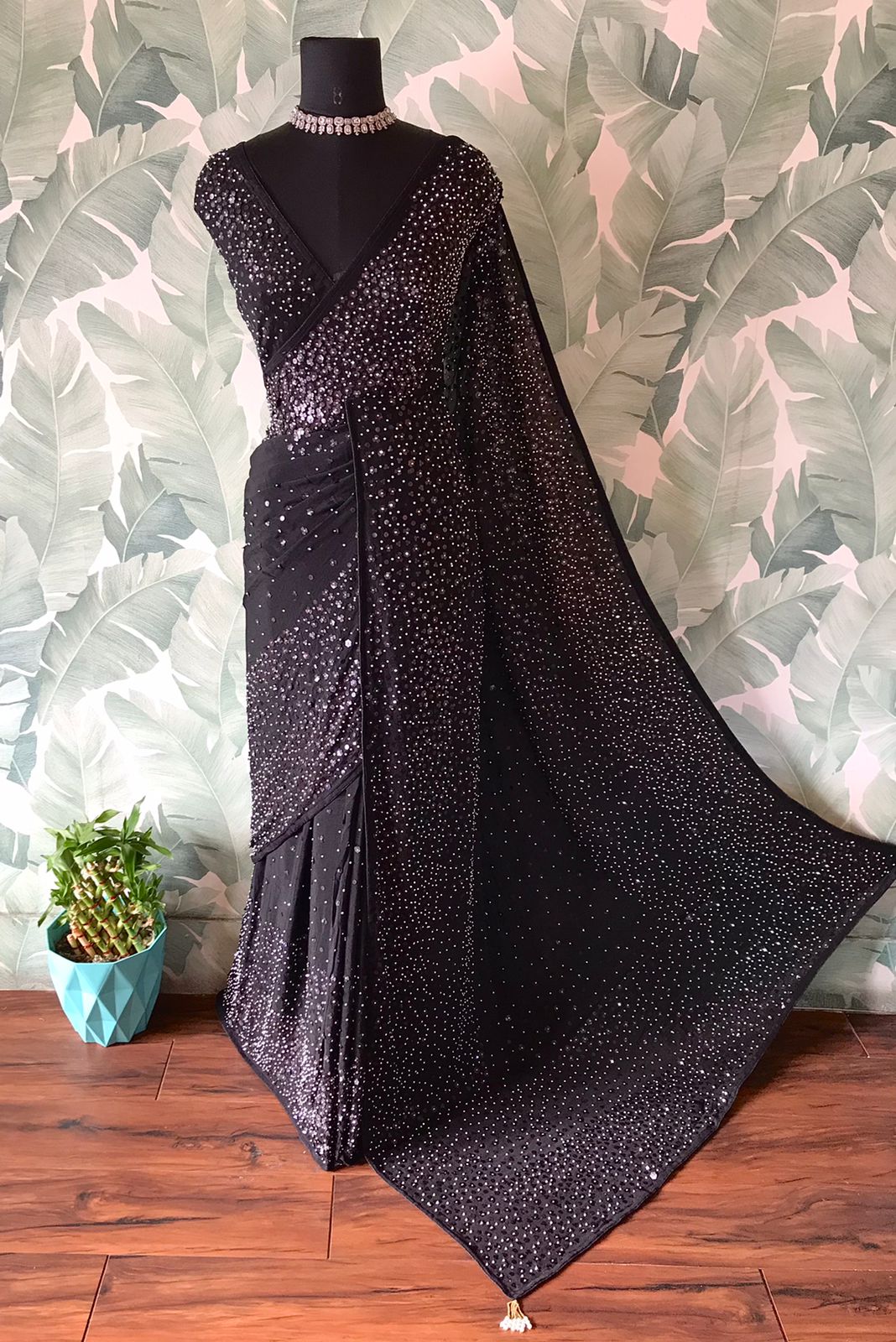 Pure Chinon Pearl Sequin Saree With Stitched Blouse In Black