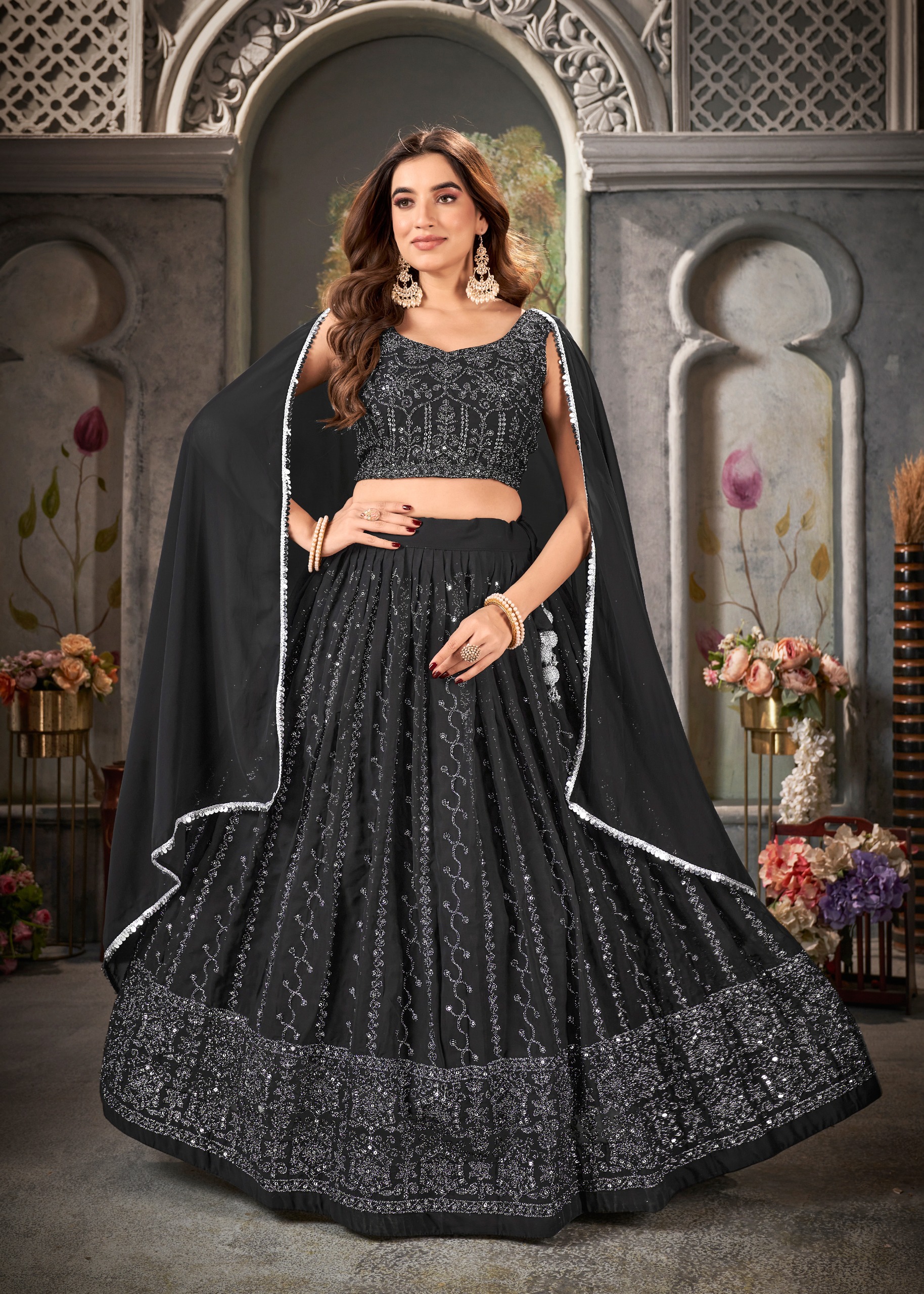 Pure Georgette With Heavy Embroidery Work Lehenga Set In Black