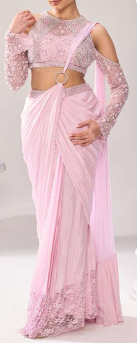 Embellished Beads Stones Indowestern Saree In Baby Pink