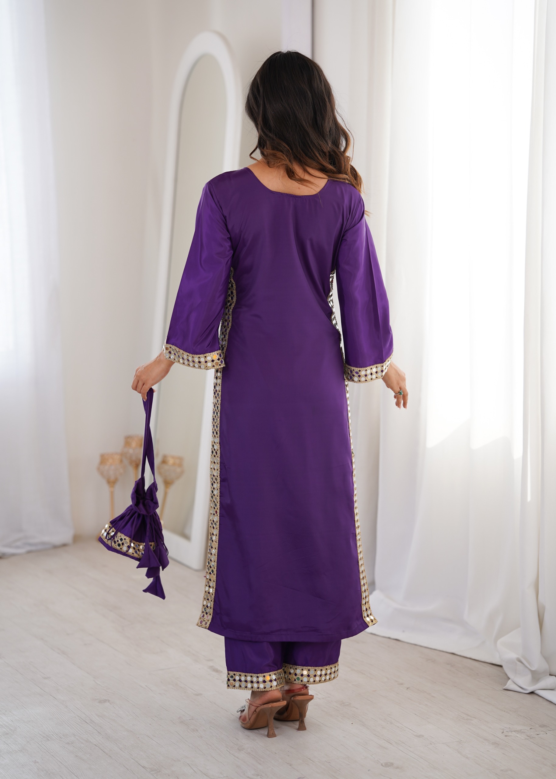 Natural Crepe Silk With Real Mirror Work Trouser Style Suit In Purple
