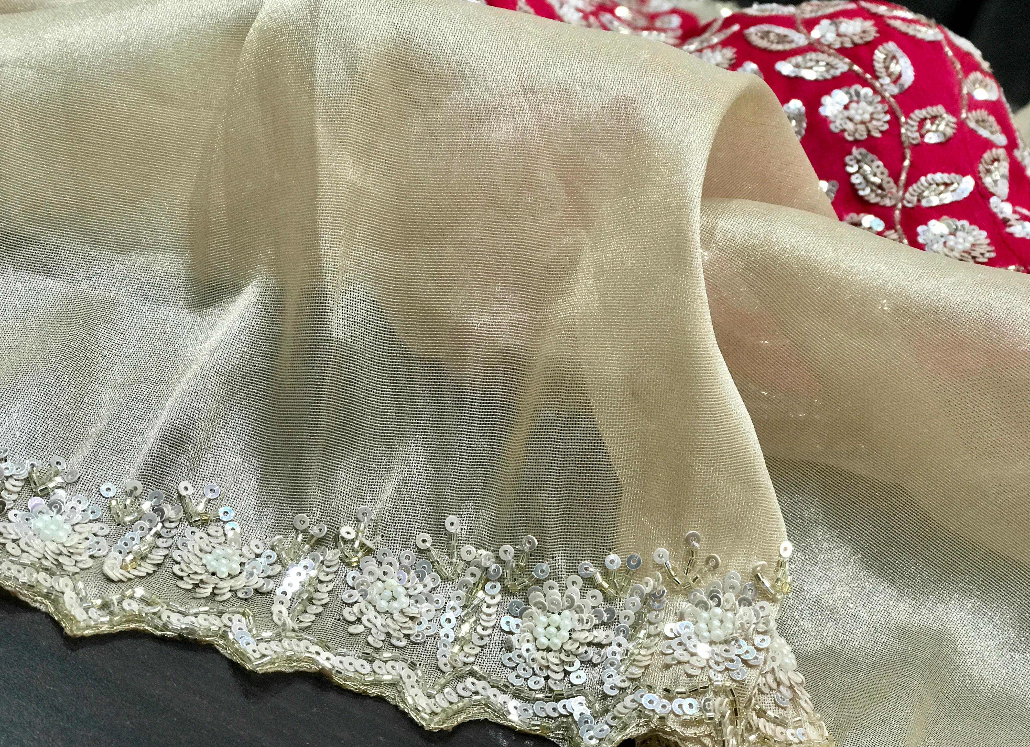 Designer Super Soft Tissue Organza Saree In Champagne Gold -Red Combination with Intricate Handwork