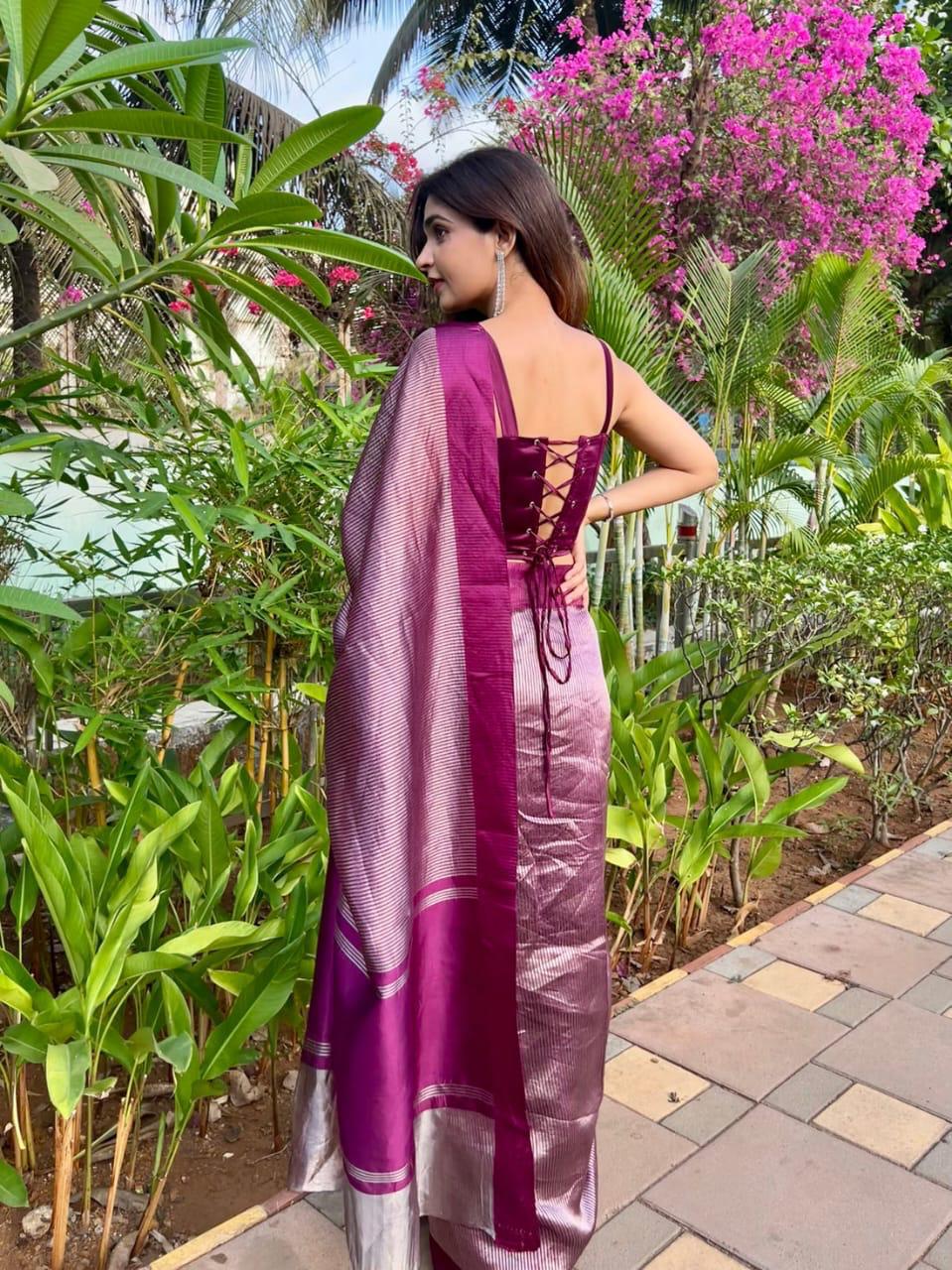Pure Tissue Stripe Silk Saree In Magenta-Mauve With Satin Silk Border.