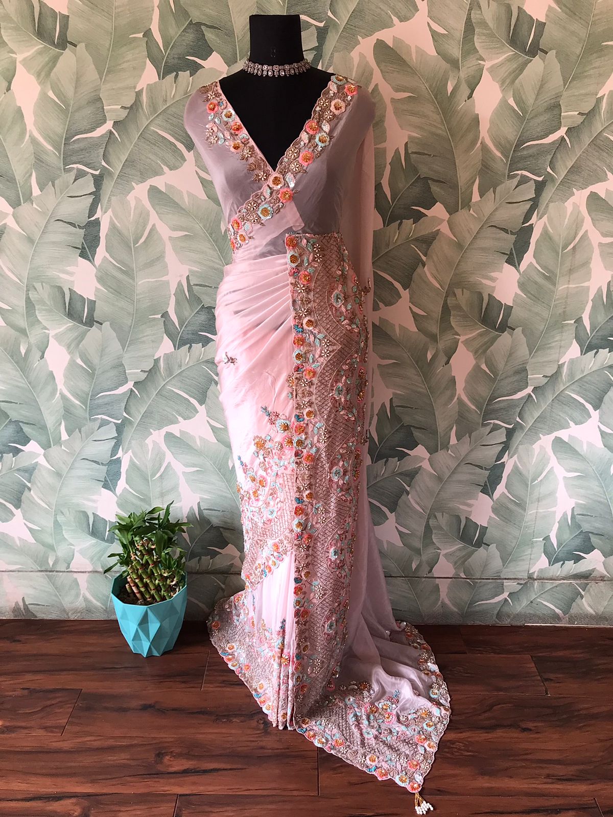 Silk Jacquard IndoWestern Saree In Blue With Jacket