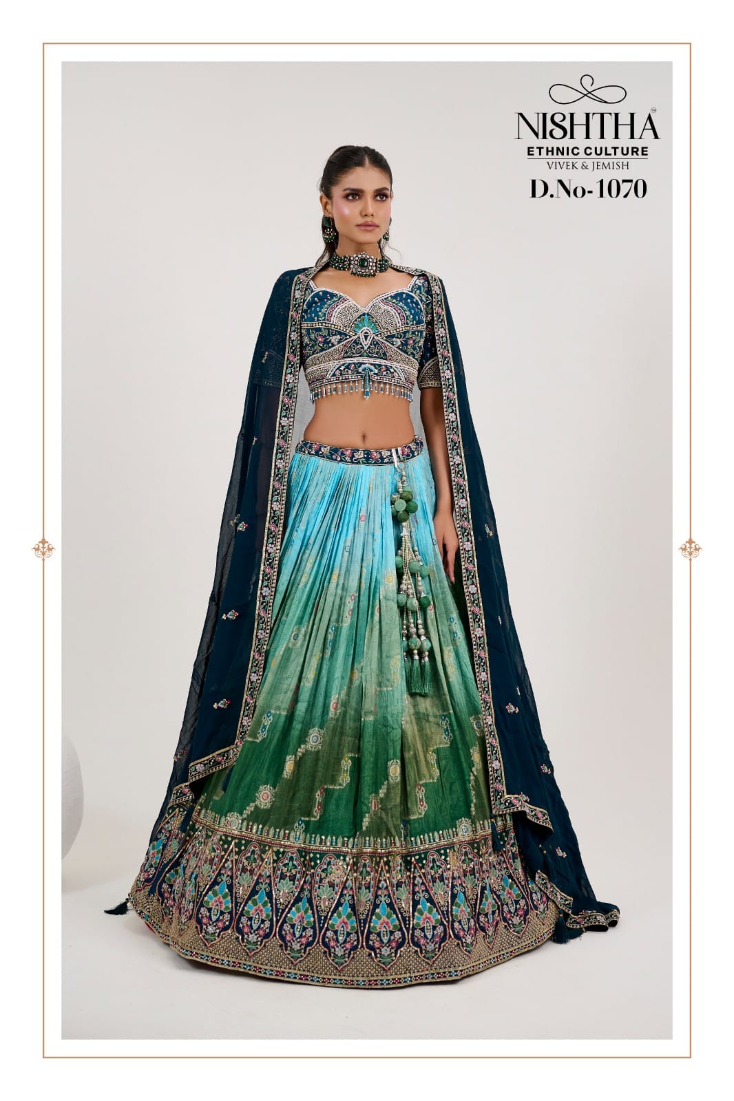 Designer Jacquard Embroidered Lehenga In Peacock colour With Embroidered & Print Blouse