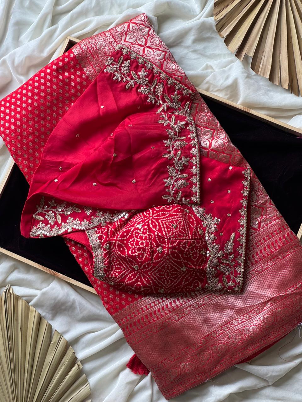 Designer Premium Banarasi Silk Dyed Saree In Deep Red With Contract Piping Border And Stitched Blouse