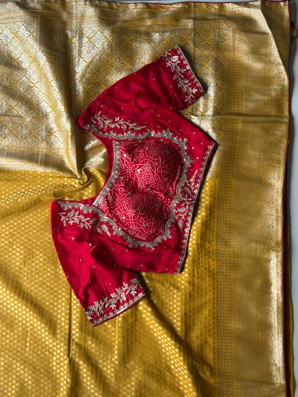 Designer Premium Banarasi Silk Dyed Saree In Mustard Yellow-Red With Contract Piping Border And Stitched Blouse