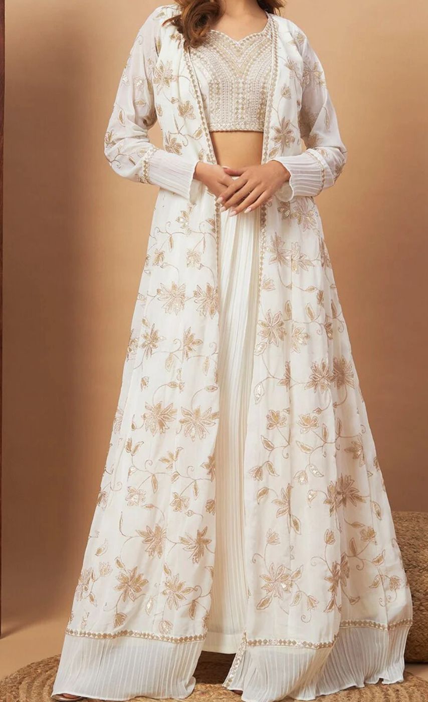 Ivory Classic IndoWestern Lehenga In Art Silk And Georgette