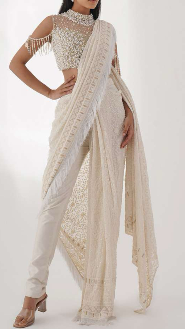 Classy Embroidered Indowestern Polygeorgtte Saree In Ivory