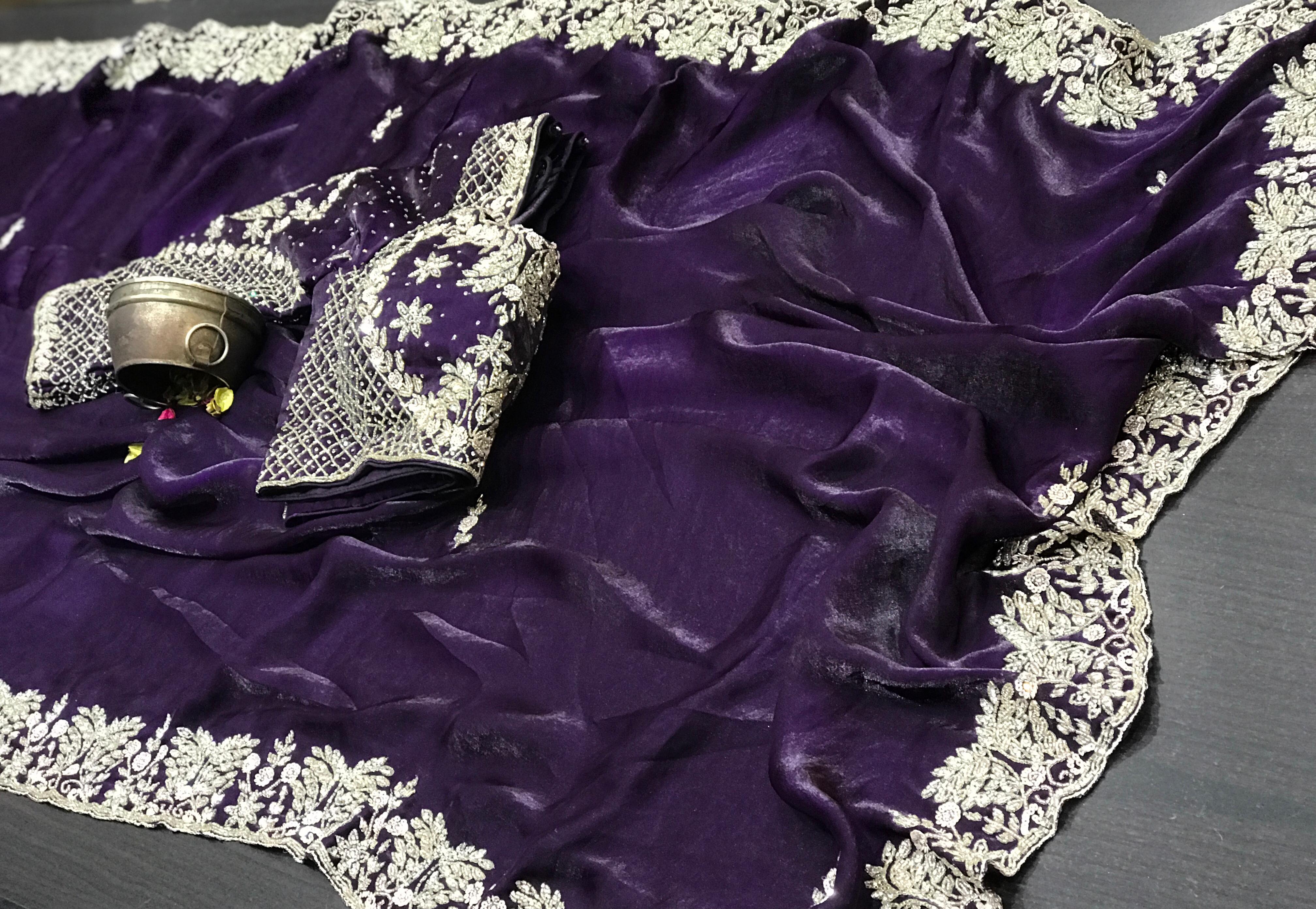 Designer Pure Silk Fendi Saree In Dark Blue With Intricate Handwork with Stitched Blouse