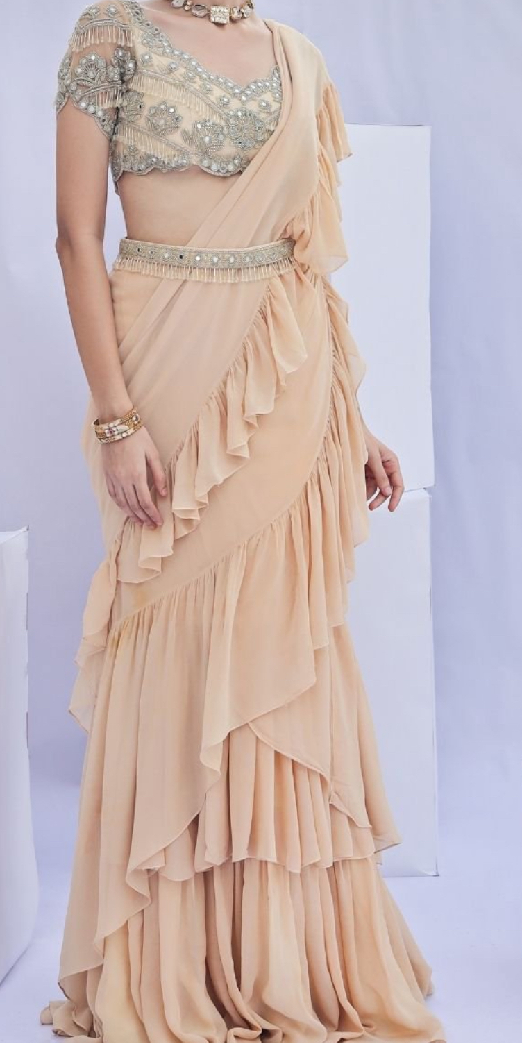 Indowestern Embroidered Predraped Ruffle Saree In Beige Gold