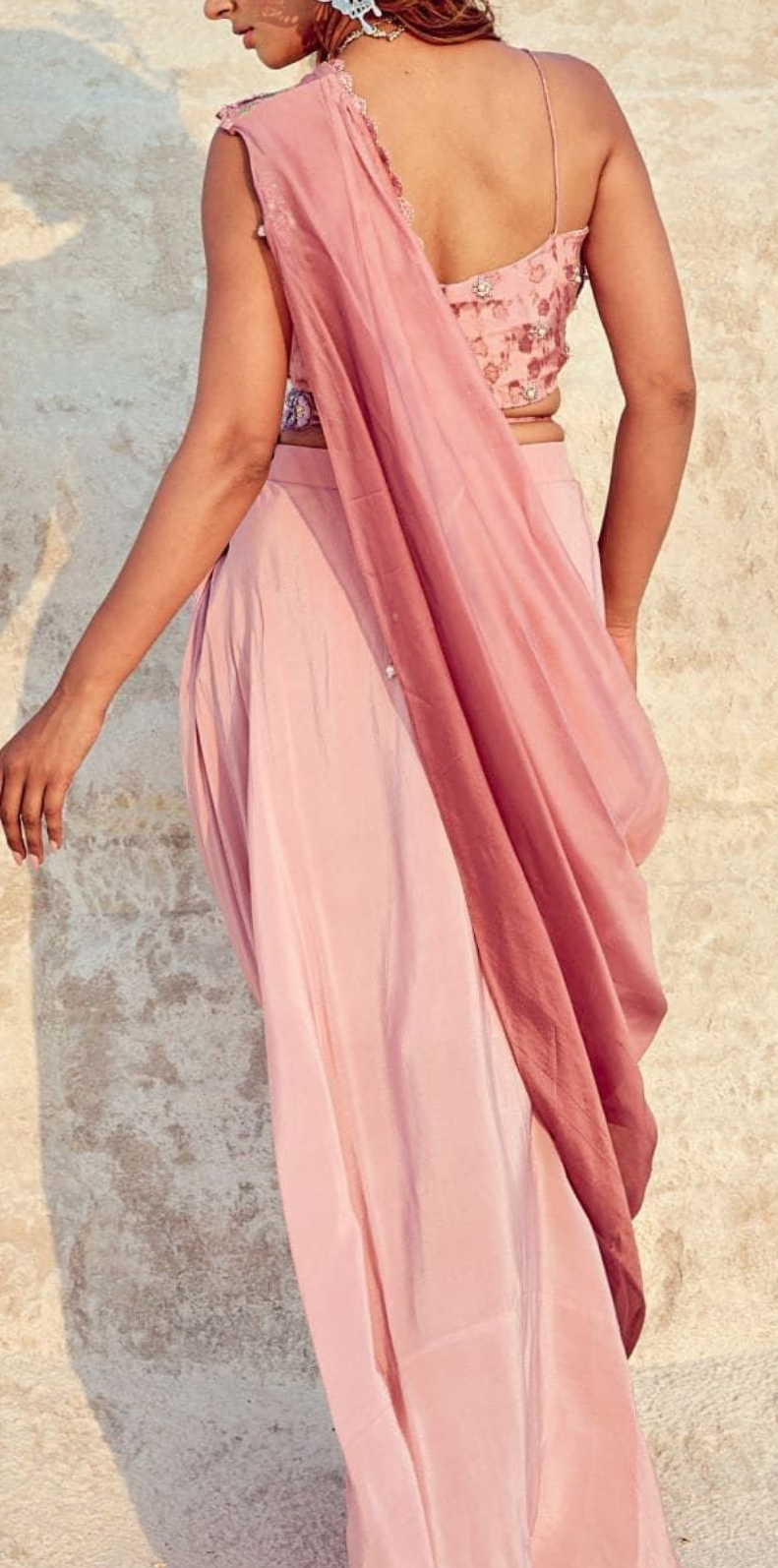 Ombre Peach Belted Poly crepe Designer Indowestern Saree