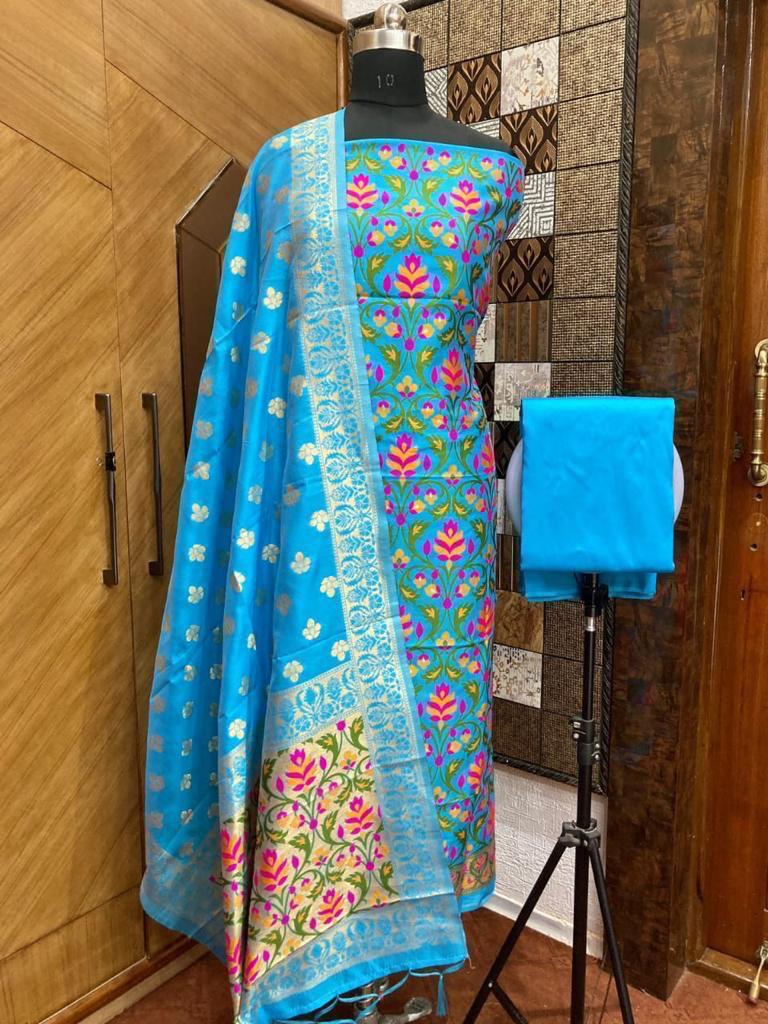 Pure Chanderi Banarasi Silk Salwar Suit In Blue