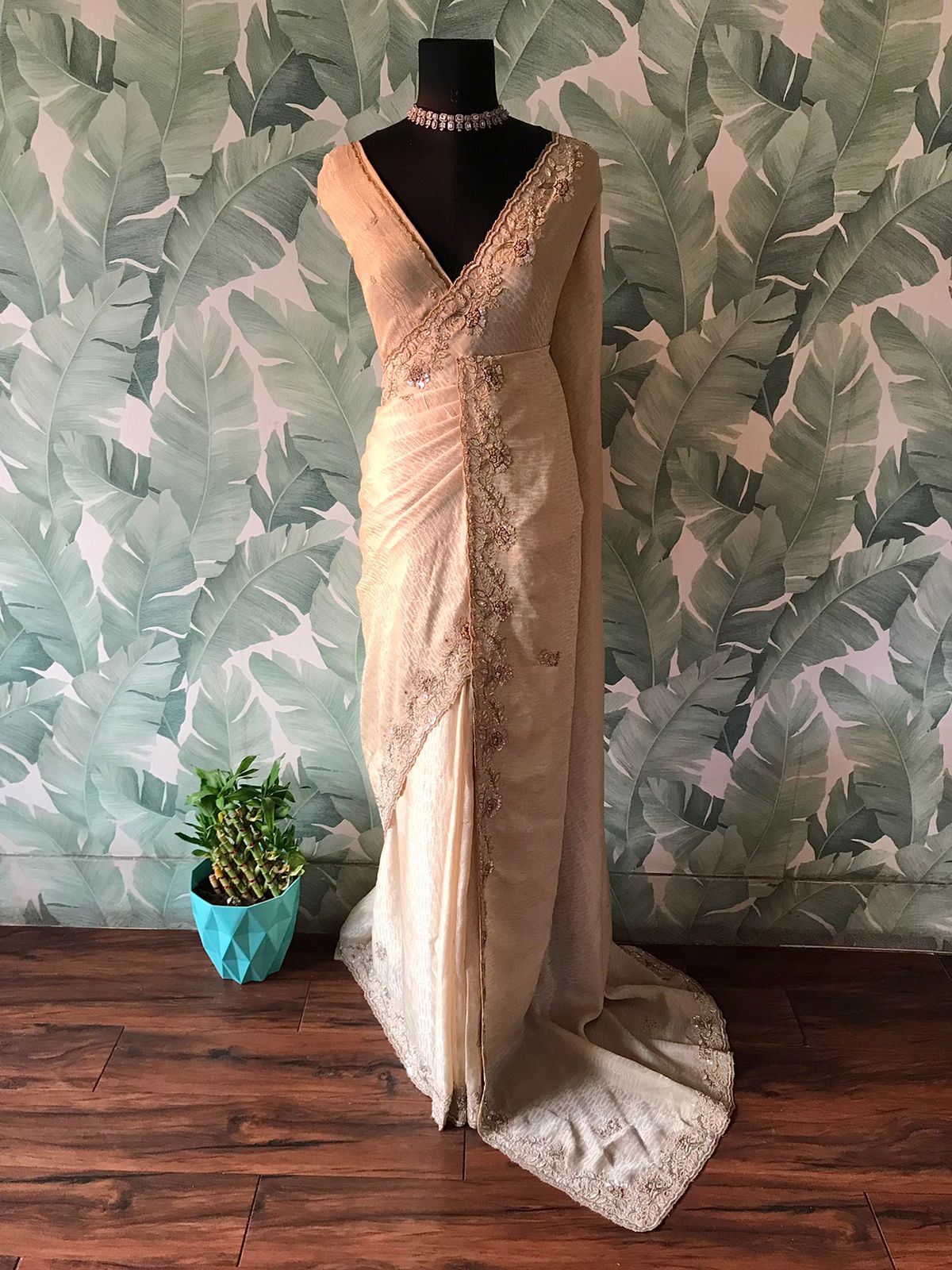 Premium Pure Crushed Chinnon Tissue Silk Drape In Beige Gold