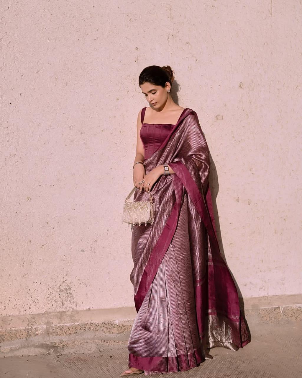 Pure Tissue Stripe Silk Saree In Maroon-Mauve With Satin Silk Border.