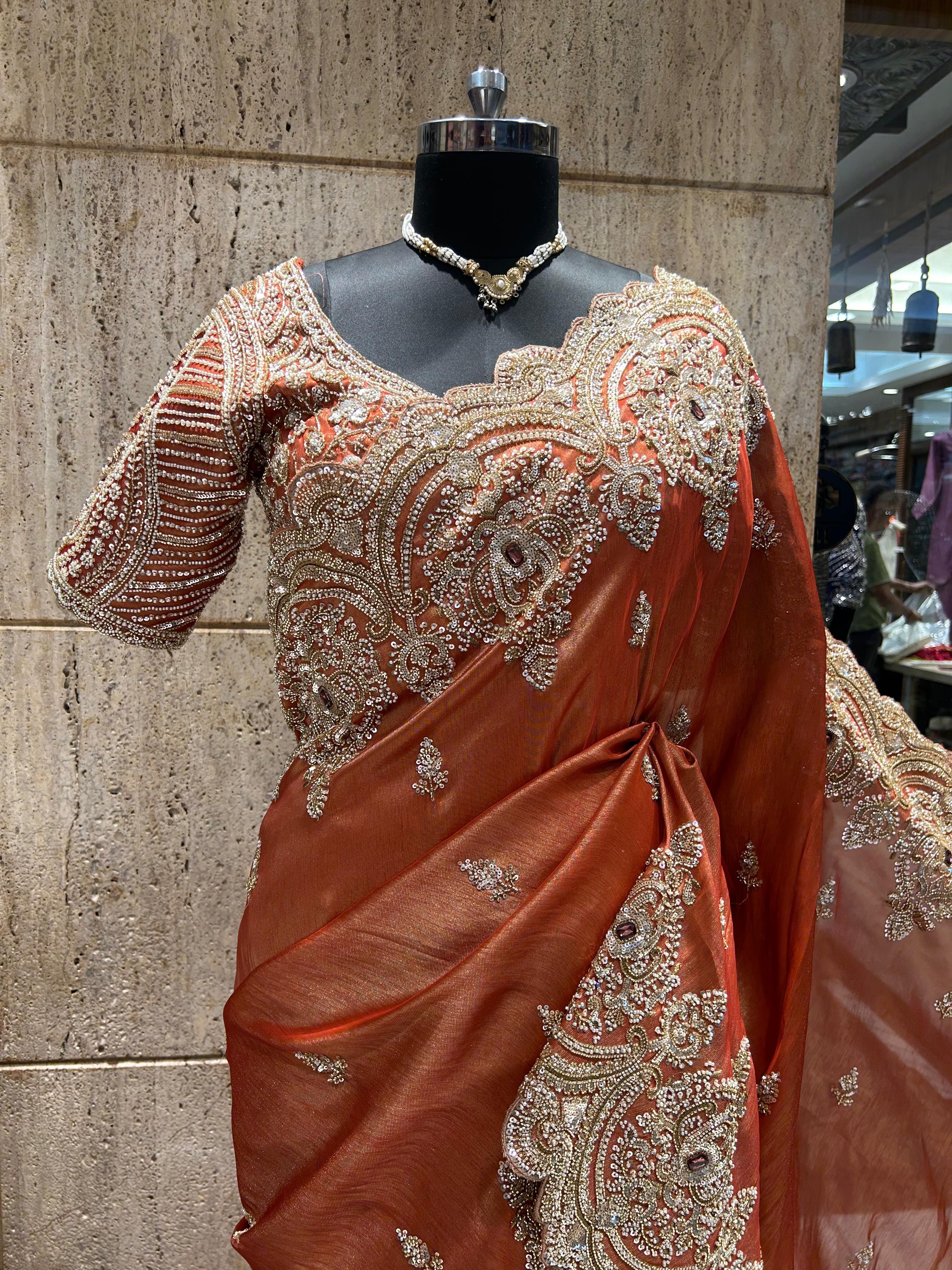 Pure Silk Kanjivaram Scalloped Border Saree In Copper Gold