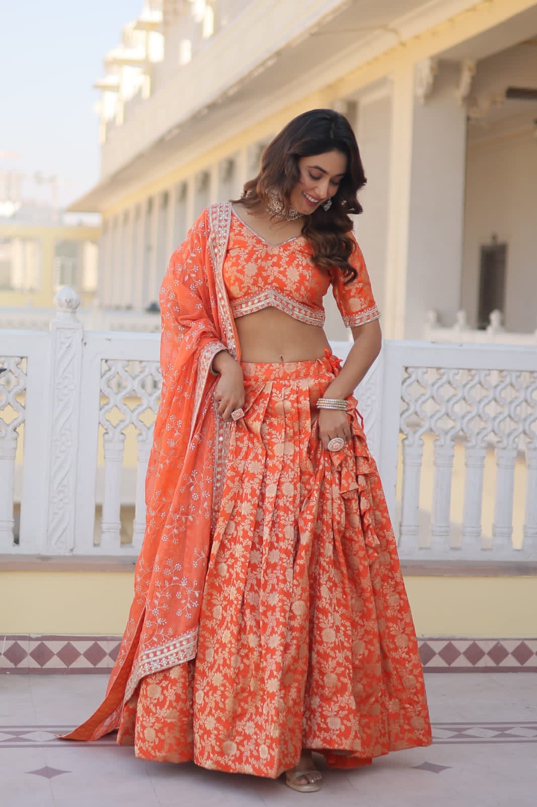 Designer Dyeable ure Viscose Jacquard fabric Lehenga Choli & Dupatta Set In Coral