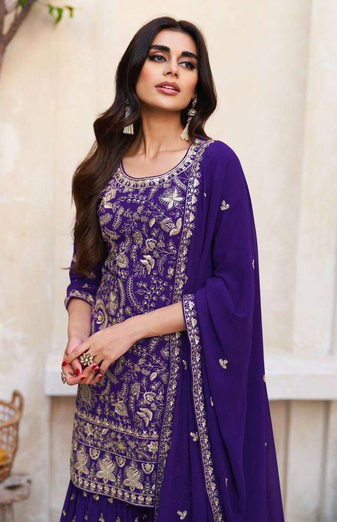 Designer Georgette Gharara Suit In Purple