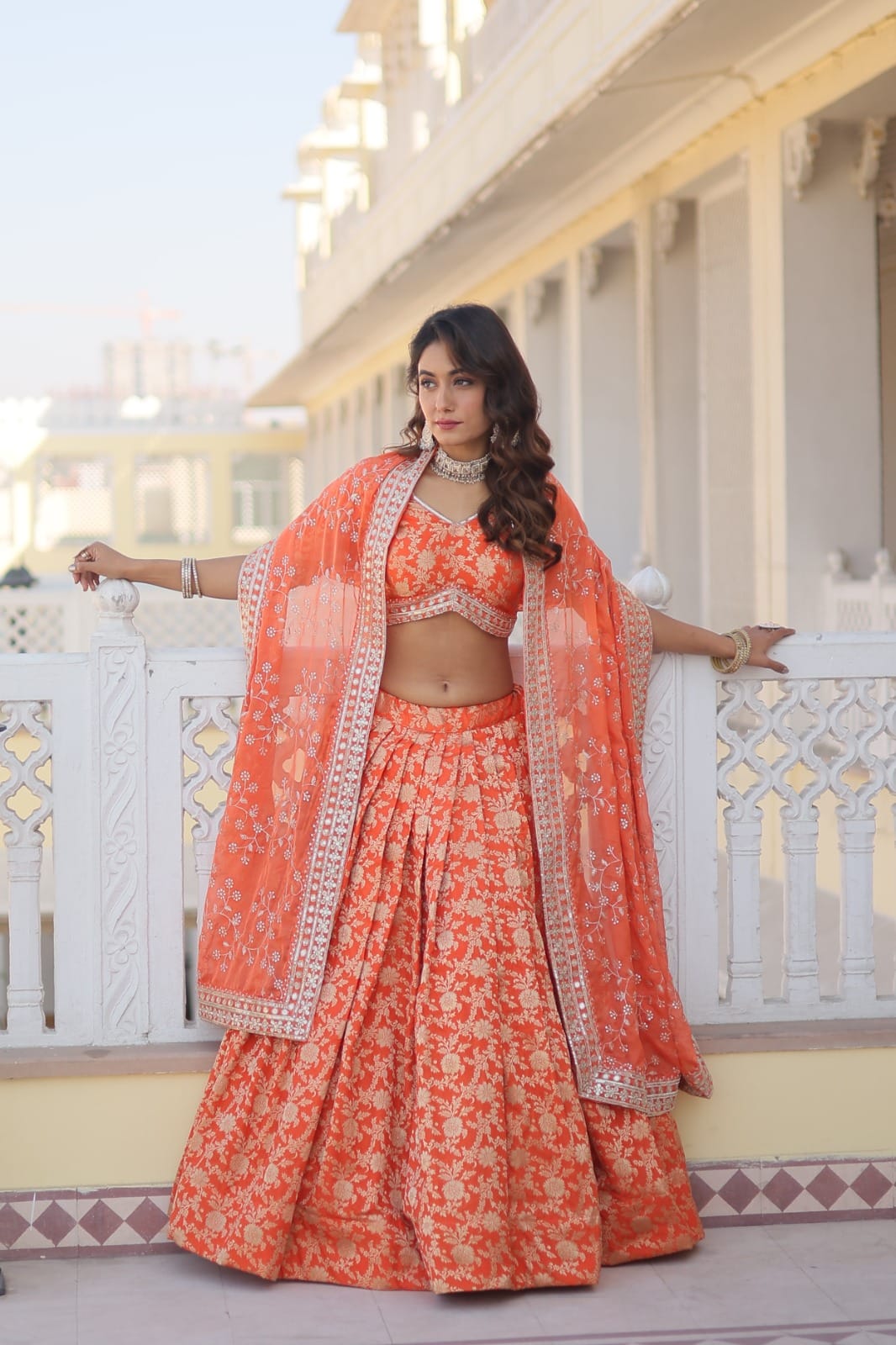 Designer Dyeable ure Viscose Jacquard fabric Lehenga Choli & Dupatta Set In Coral