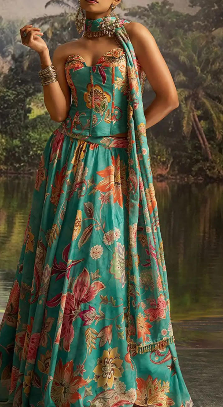 Silk Jacquard Indo Western Skirt With Corset Top