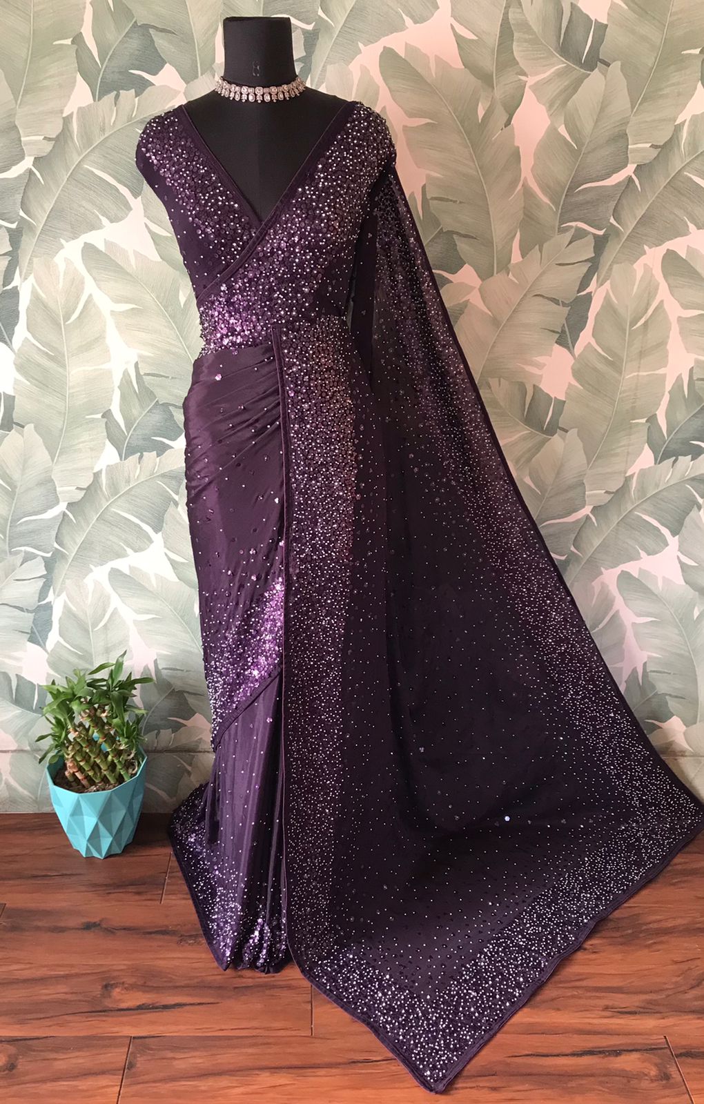 Pure Chinon Pearl Sequin Saree With Stitched Blouse In Wine