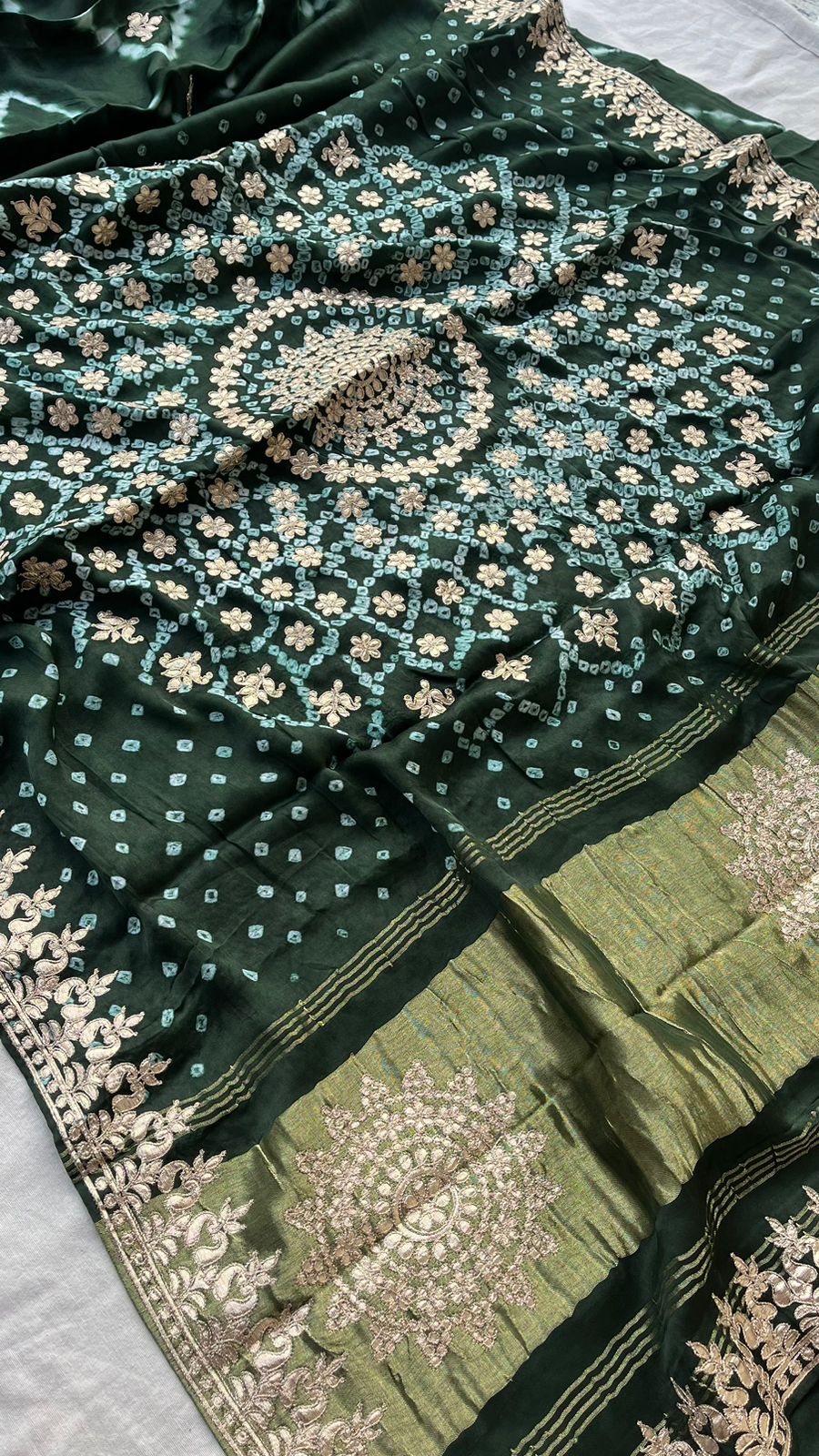 Pure Gajji Silk Modal Saree In Emerald Green With Bandhani Work With Fancy Gotta Patti