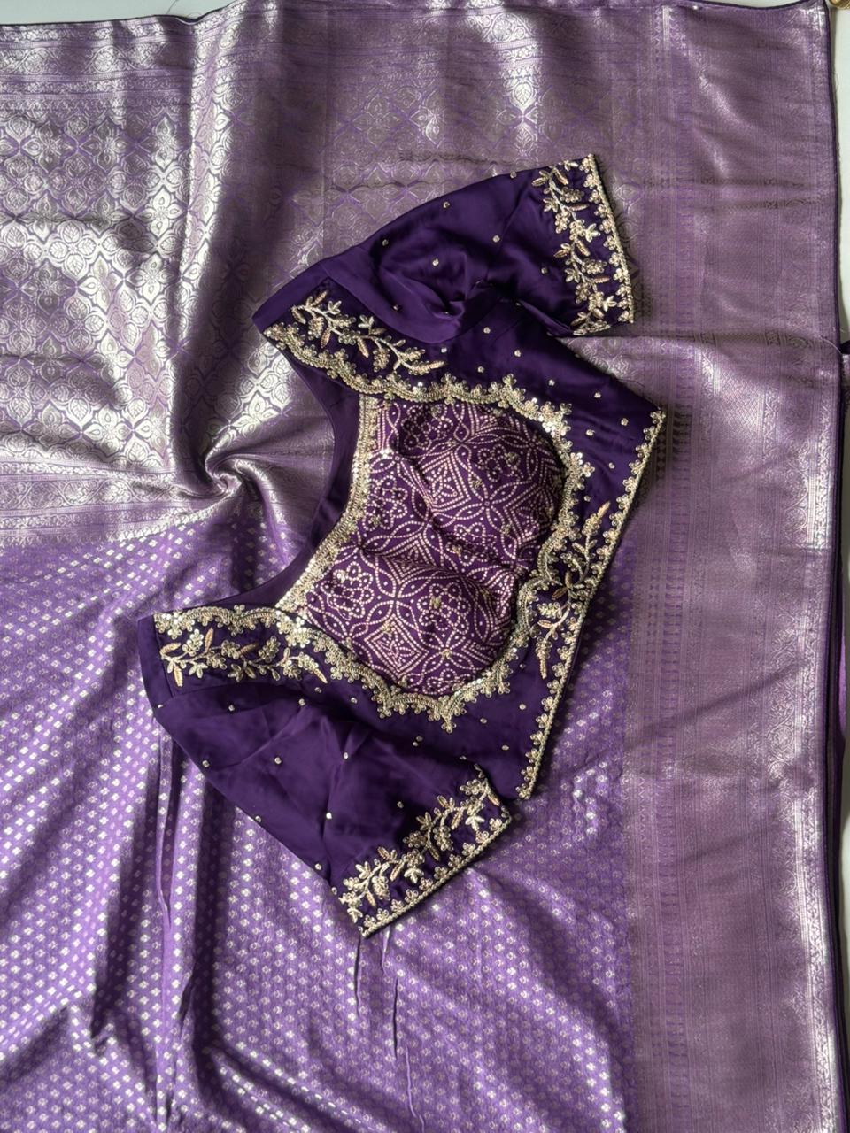 Designer Premium Banarasi Silk Dyed Saree In Lavender-Purple With Contract Piping Border And Stitched Blouse