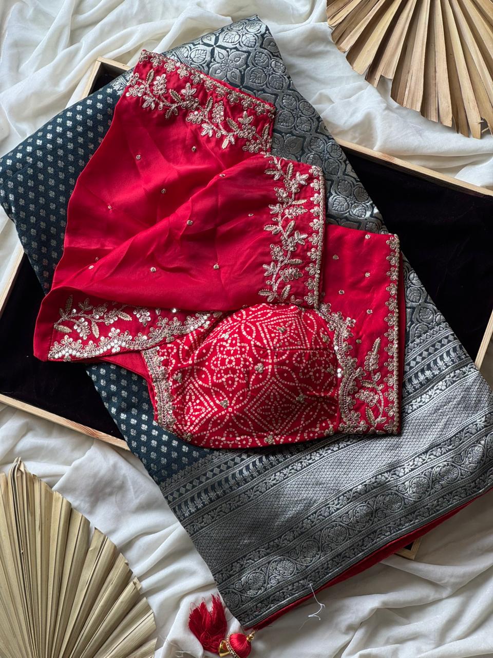 Designer Premium Banarasi Silk Dyed Saree In Navy Blue-Red With Contract Piping Border And Stitched Blouse