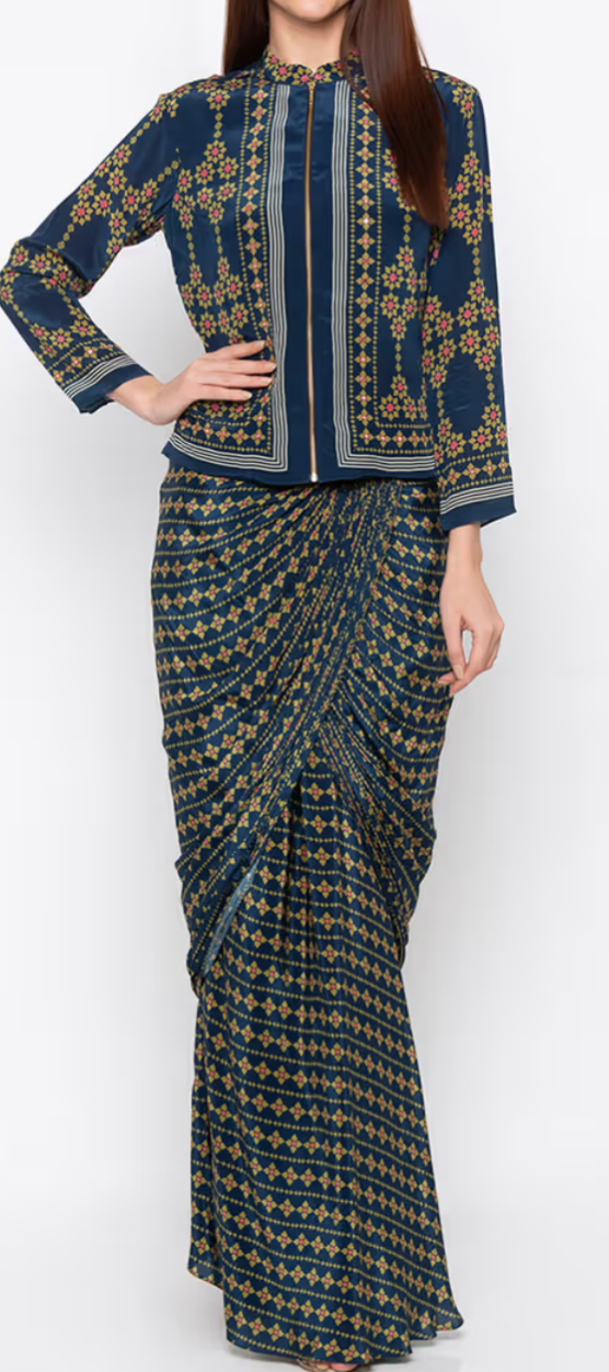Silk Jacquard IndoWestern Saree In Blue With Jacket