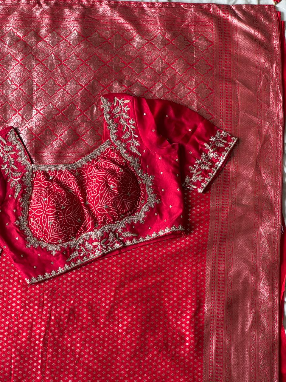 Designer Premium Banarasi Silk Dyed Saree In Deep Red With Contract Piping Border And Stitched Blouse