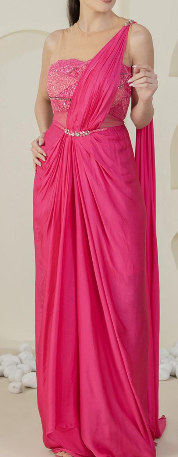 Embellished Indowestern Satin Saree Blouse In Peachy Pink