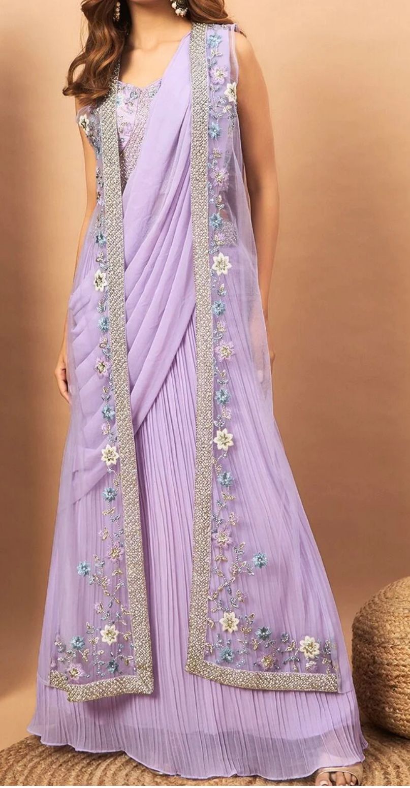 A Unique Indowestern Floral Net Embroidered And Georgette Thread Work Lehengas In Lilac With Jacket