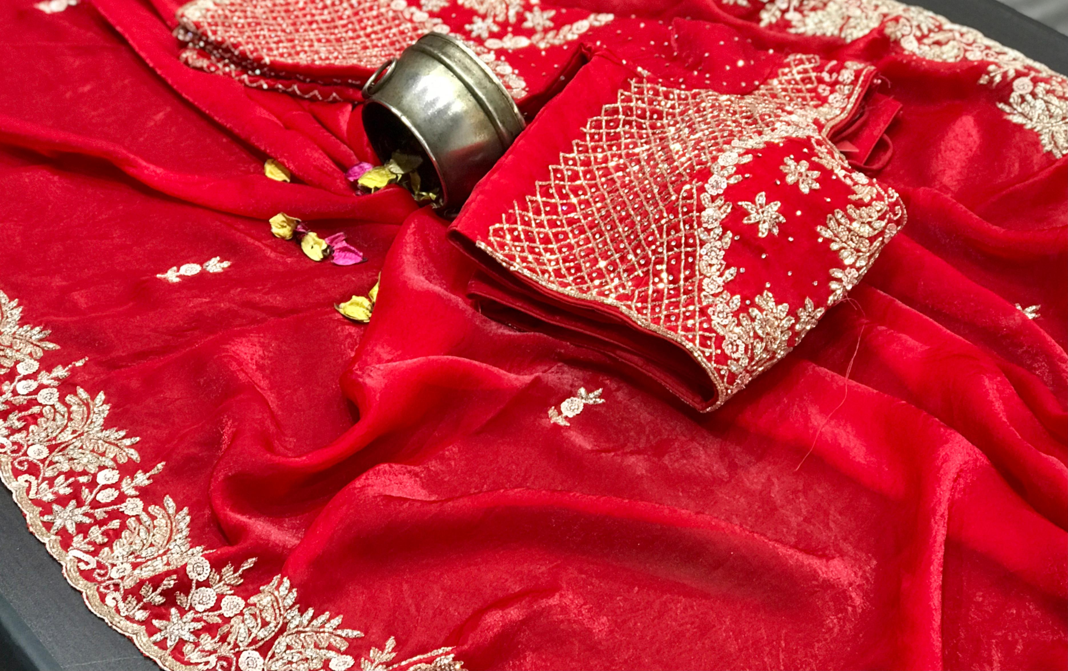 Designer Pure Silk Fendi Saree In Red With Intricate Handwork with Stitched Blouse