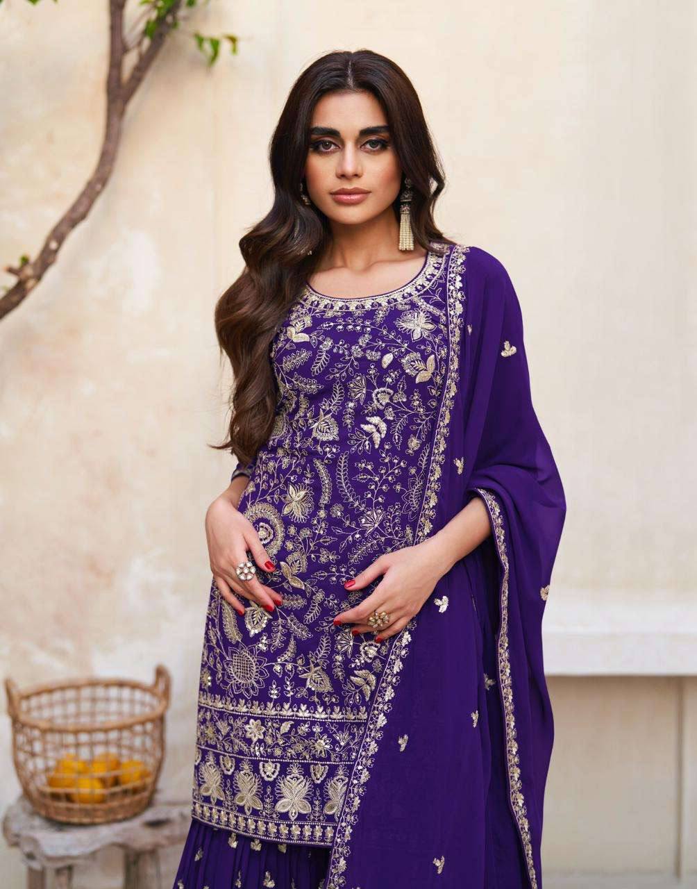 Designer Georgette Gharara Suit In Purple