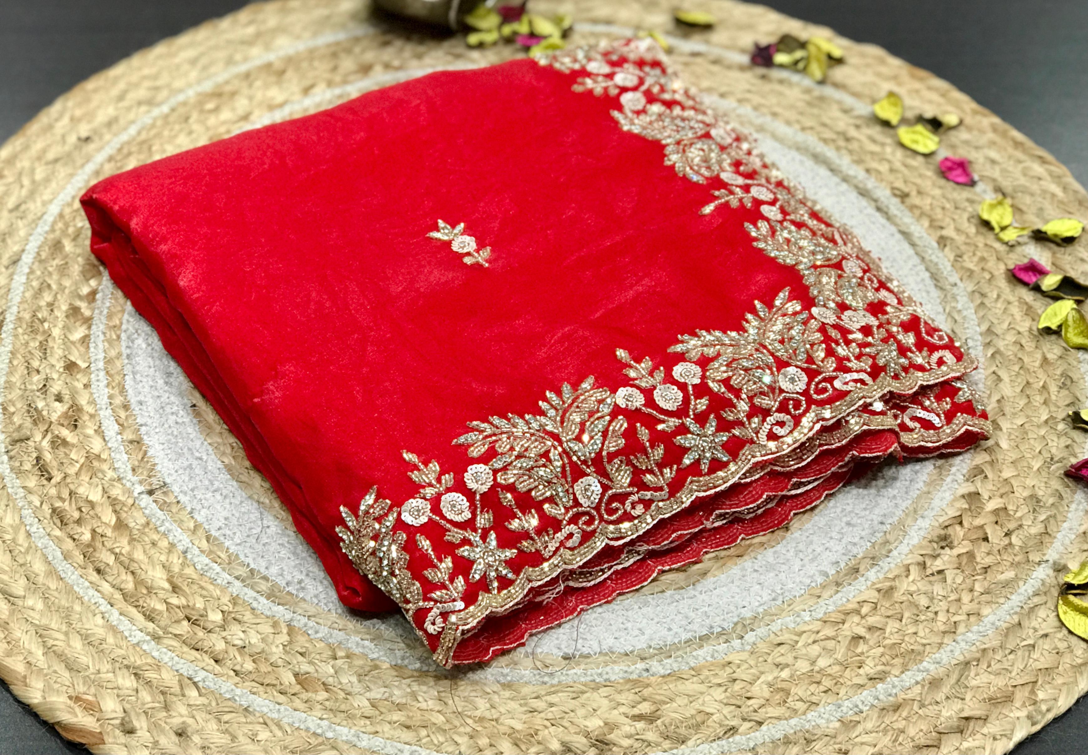 Designer Pure Silk Fendi Saree In Red With Intricate Handwork with Stitched Blouse