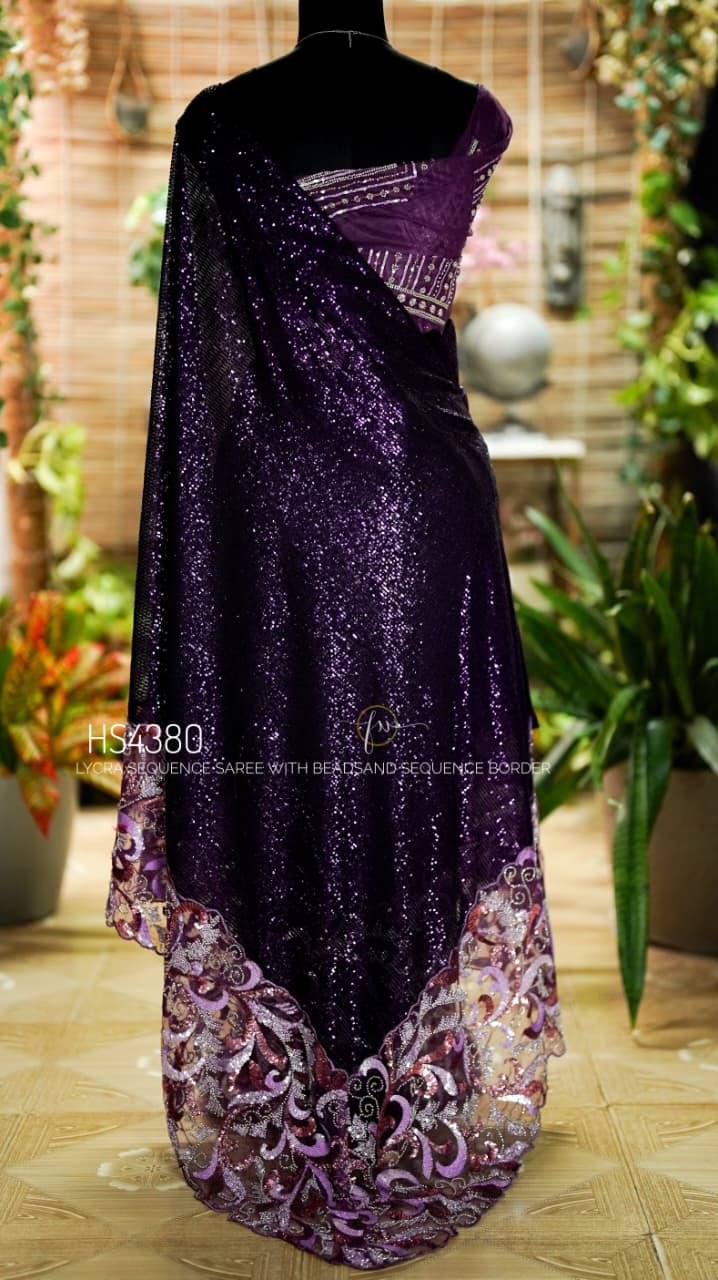 Designer Heavy Lycra Sequin Cutdana Saree In Dark Purple With Stitched Blouse