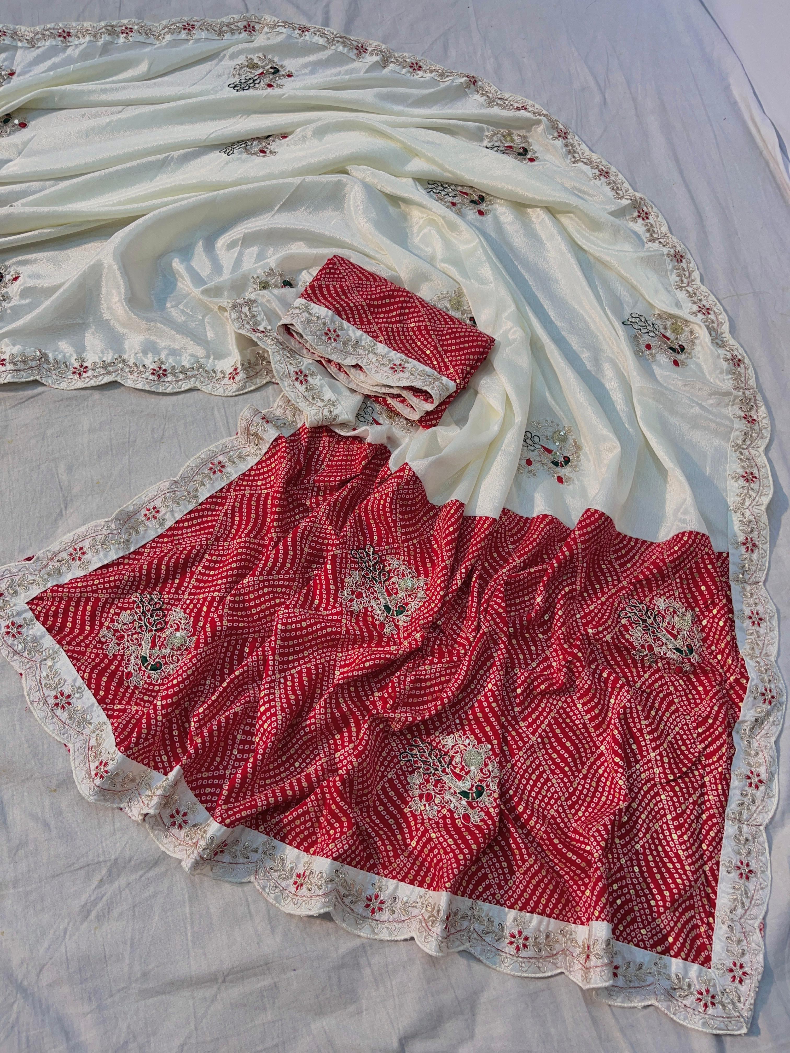 Beautiful Soft Chinon Saree With Beautiful Heavy Coding Saree In White-Red Combination