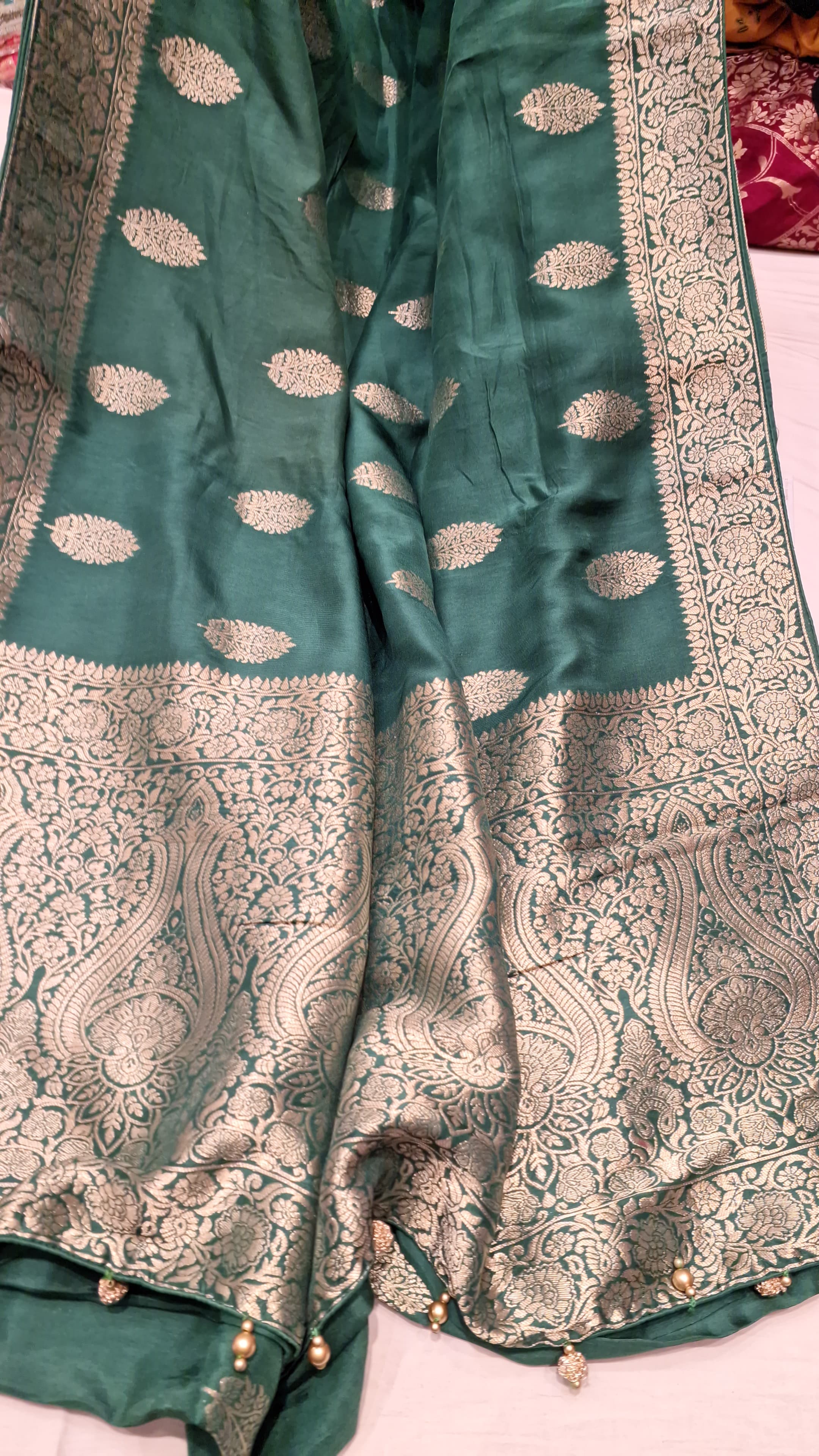 Munga Silk Saree In Dark Green With Custom Stitched Blouse