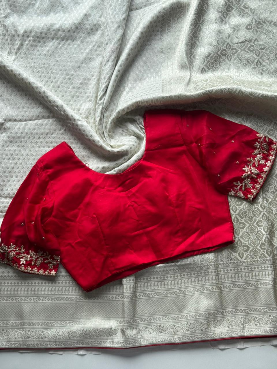 Designer Premium Banarasi Silk Dyed Saree In Ivory-Red With Contract Piping Border And Stitched Blouse