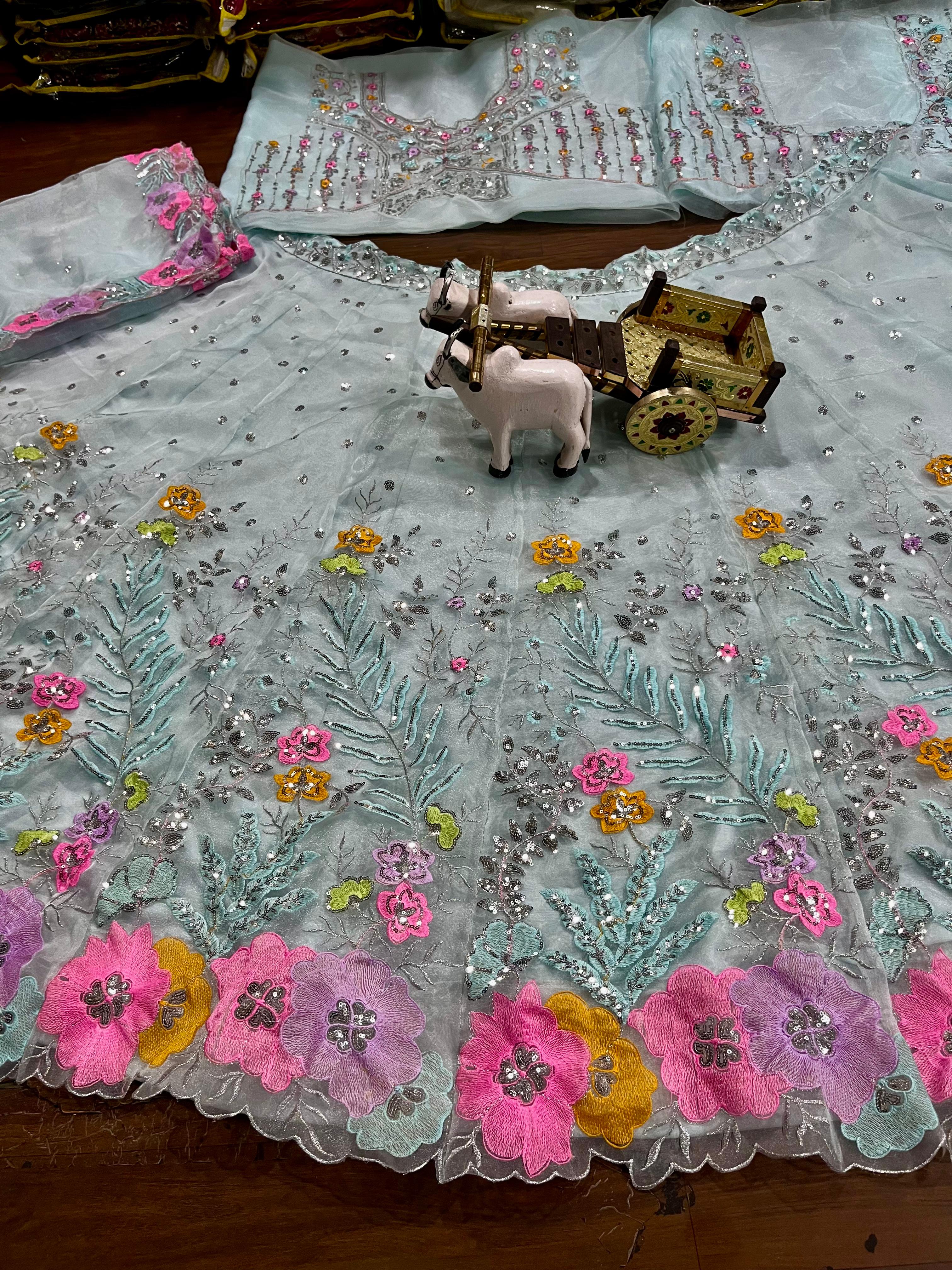 Flared Coding Sequins Cut Work Designer Lehenga In White -Pink Floral Pattern