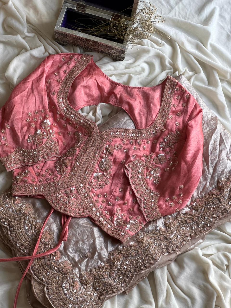 Designer Premium Tissue Silk Coding & Sequence Work Saree In Fresh Grey-Peach