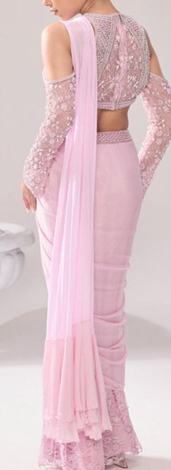 Embellished Beads Stones Indowestern Saree In Baby Pink