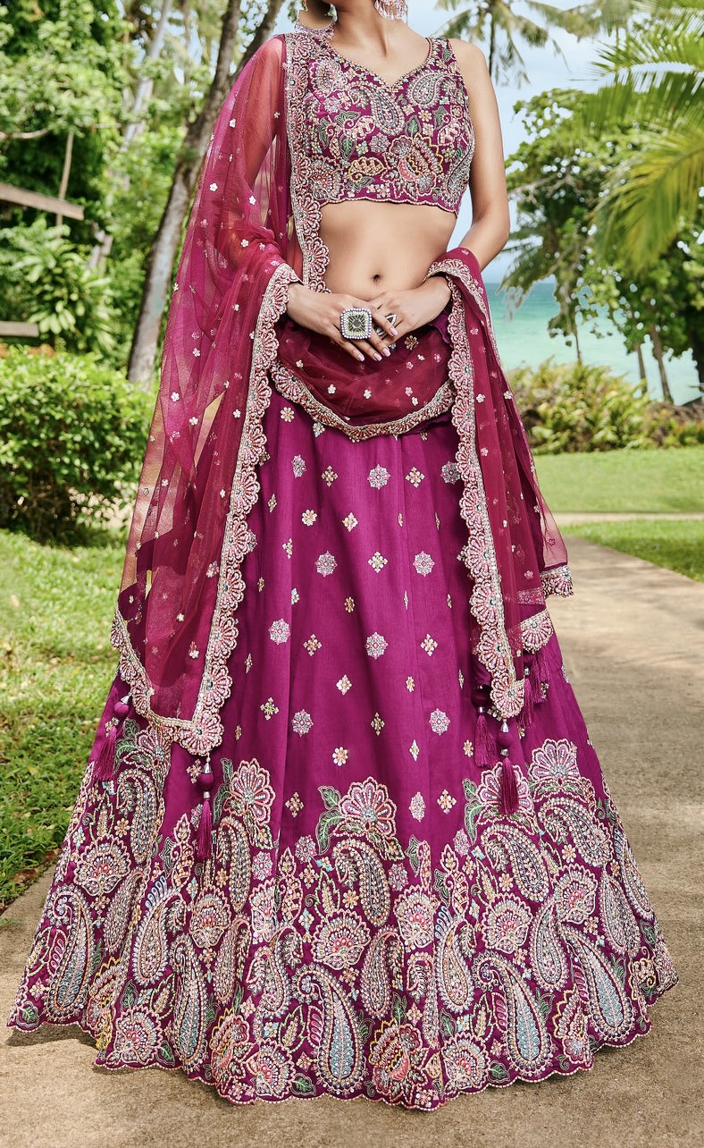 Premium Embellished Embroidered Satin Silk Lehenga Choli In Dark Pink